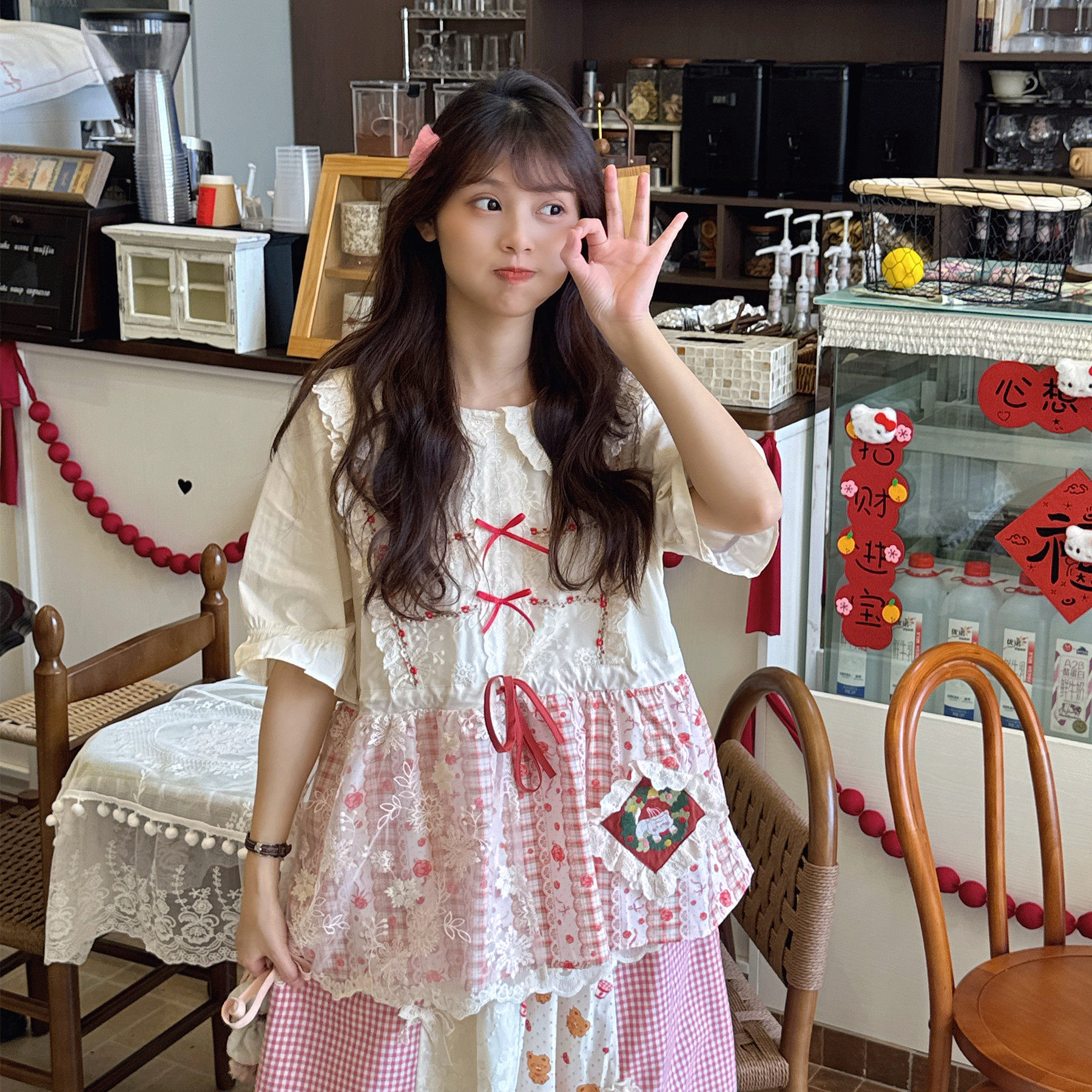 森系复古网纱蕾丝娃娃领短袖衬衫少女感蝴蝶结格子拼接收腰上衣