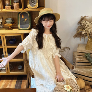 纯棉减龄娃娃衫 系带短袖 上衣 夏季 森系复古精美花朵刺绣娃娃领衬衫