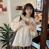 上衣 纯棉日系打底娃娃衫 森系温柔蕾丝荷叶领叠穿灯笼袖 宽松衬衫