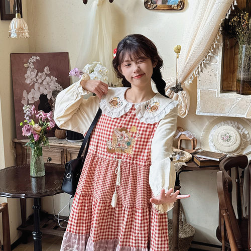 森系复古少女红色格子连衣裙