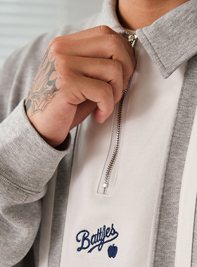 Battles拼接刺绣logo拉链280g纯棉polo衫长袖T恤美式复古休闲宽松