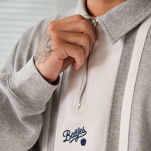 复古休闲宽松 T恤美式 Battles拼接刺绣logo拉链280g纯棉polo衫 长袖