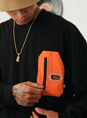 Battles 秋季滴胶撞色口袋300g重磅纯棉美式休闲长袖T恤宽松廓形