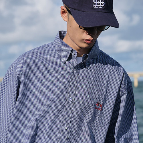 Battles双鸟刺绣多色复古格子短袖衬衫休闲美式宽松简约