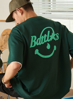 Battles笑脸印花美式300g重磅纯棉短袖T恤基础多色打底衫半袖宽松