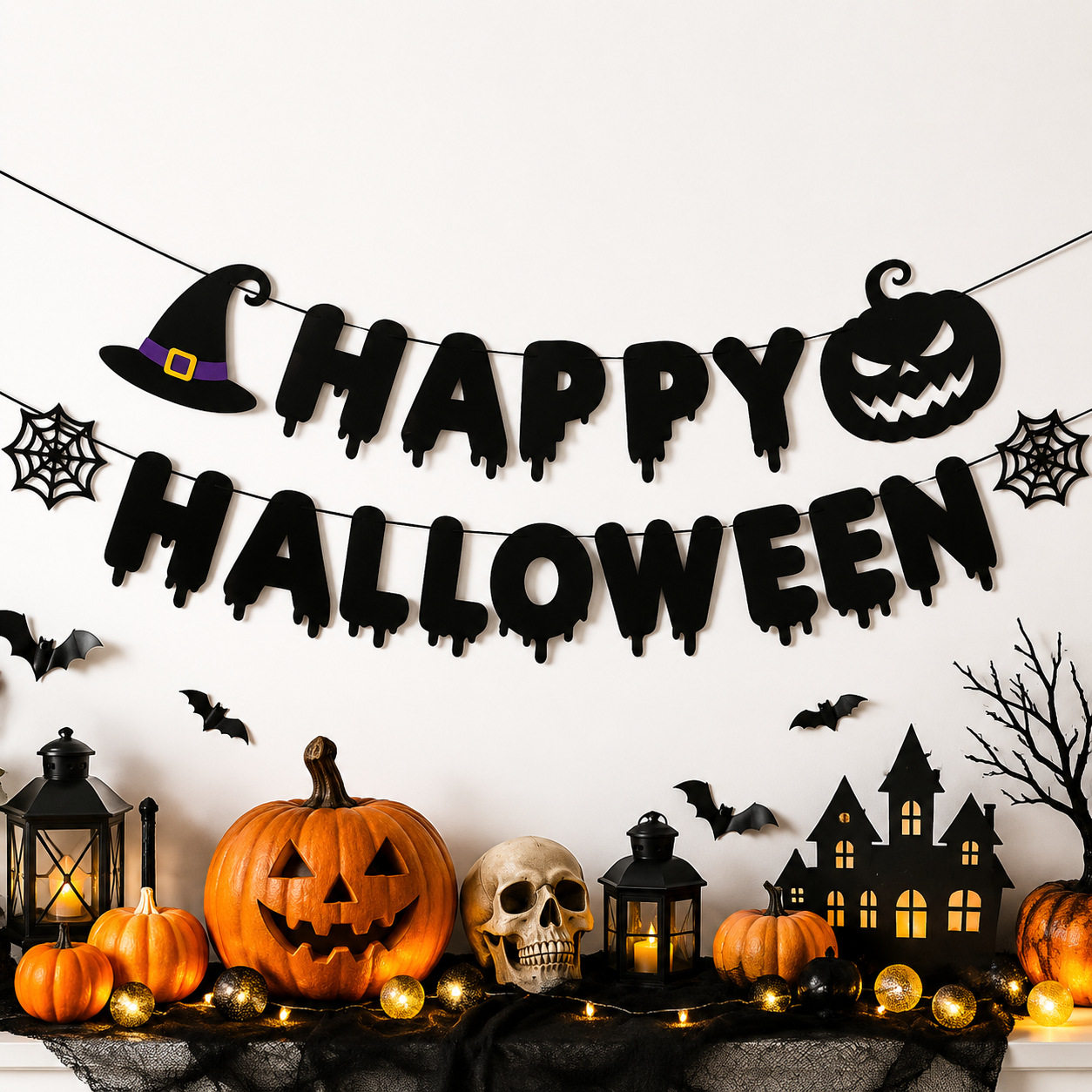 Happy Halloween黑色骷髅头巫师蜘蛛网魔鬼拉旗横幅橱窗背景装饰