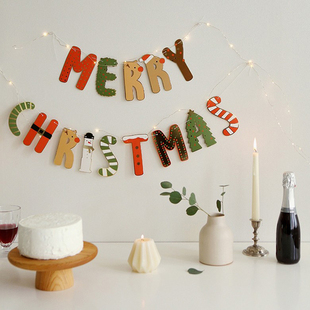韩国ins圣诞节装饰红绿字母merry christmas拉旗圣诞雪人松树拉旗