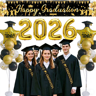 Happy graduation毕业横幅气球拉旗地飘肩带博士帽拍照氛围道具