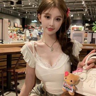 t恤两件套 纯欲甜辣妹性感短款 抹胸上衣女夏季 蕾丝吊带小飞袖 短袖