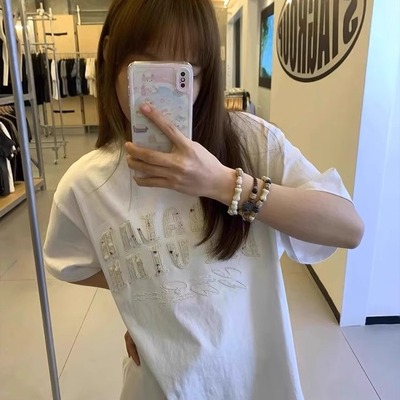 刺绣正肩短袖t恤女夏纯棉上衣