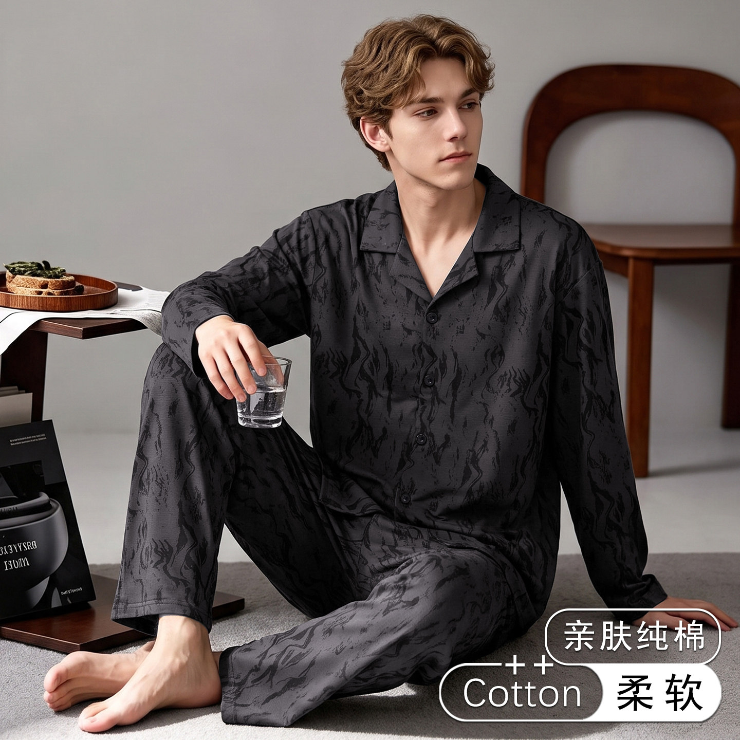 男士纯棉开衫长袖睡衣套装大码