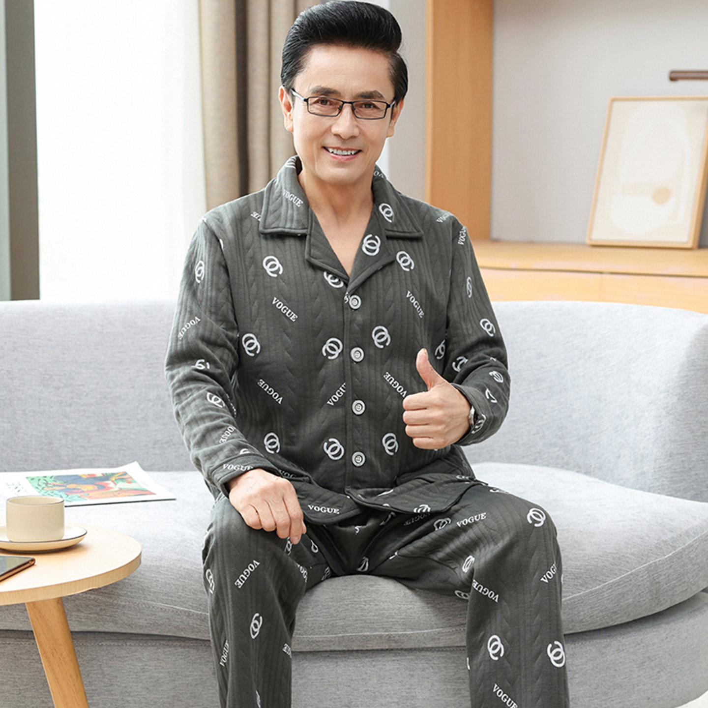秋冬季男士睡衣保暖夹层加厚长袖纯棉大码中老年家居服厚夹棉套装