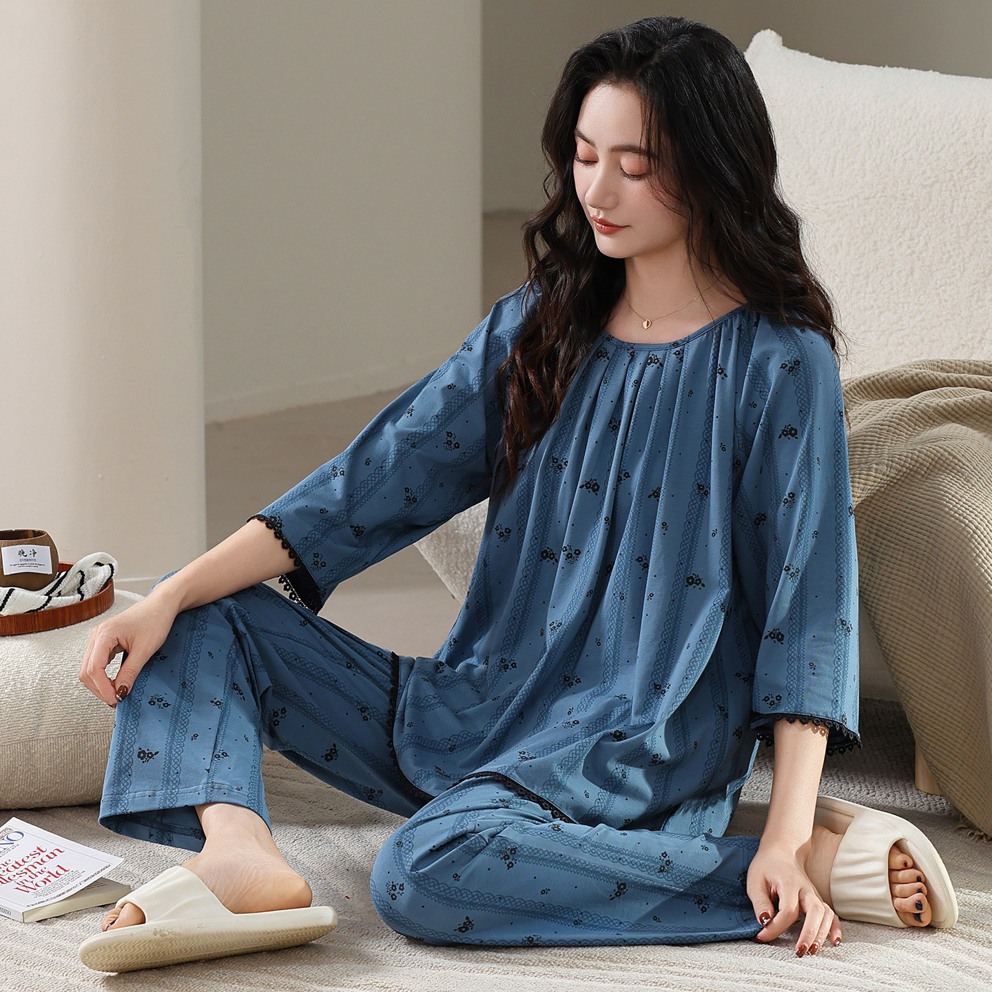 套头式睡衣女春款七分袖可外穿妈妈中青年家居服套装夏季2026新款