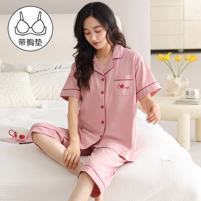 中老年全棉睡衣女款带胸垫短袖七分裤夏季妈妈纯棉大码家居服套装