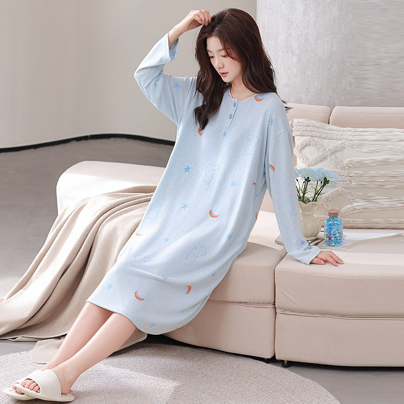 佳韵腾2026新款蓝色睡裙女家居服睡衣秋冬季可外穿保暖大码中长款