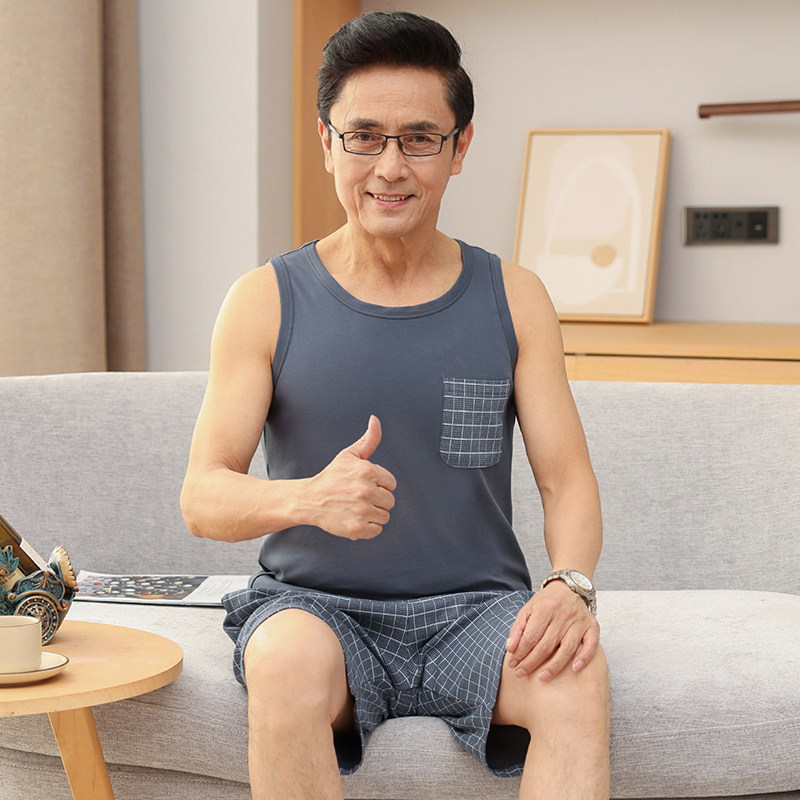 男士无袖睡衣夏季薄款纯棉宽松大码中老年爸爸背心短裤家居服套装