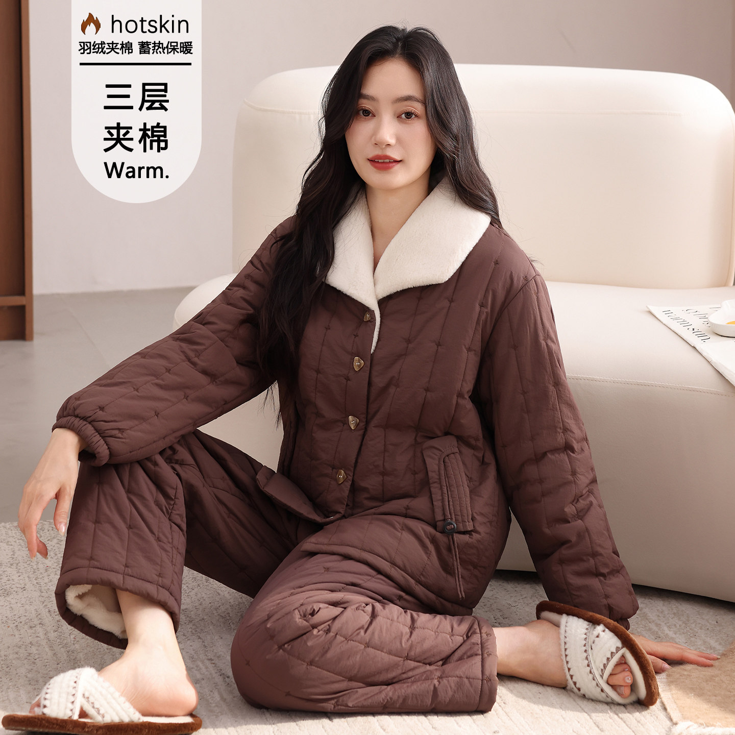 三层夹棉女冬季加绒加厚羽绒睡衣