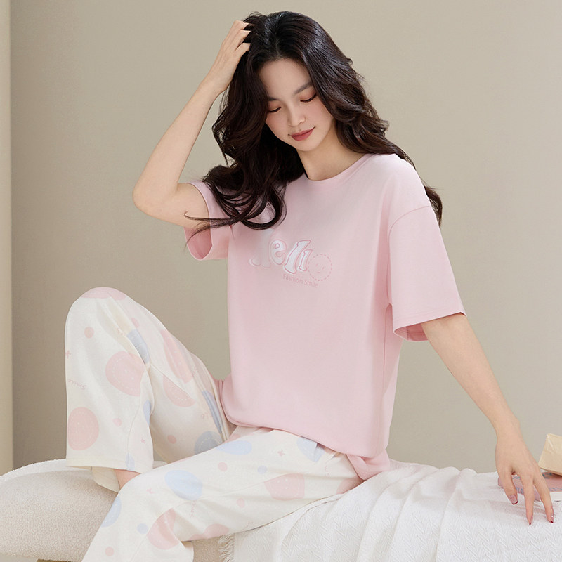 女士睡衣女款纯棉短袖长裤夏季薄款加大码中年妈妈全棉家居服套装