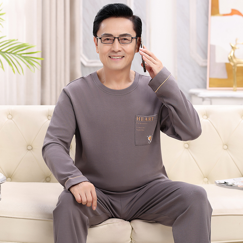 纯棉睡衣男秋冬季爸爸长袖圆领休闲春秋可外穿中老年人家居服套装