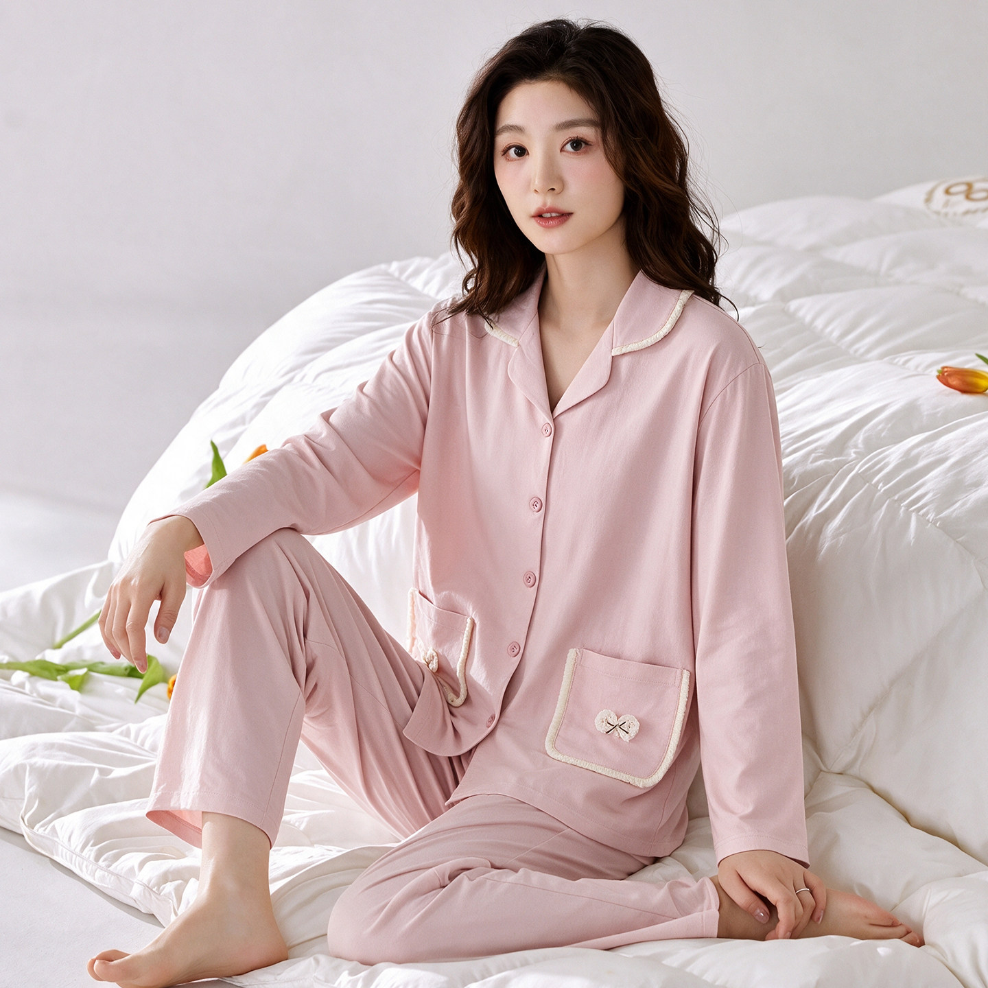 全棉加厚春秋女睡衣套装粉色新款