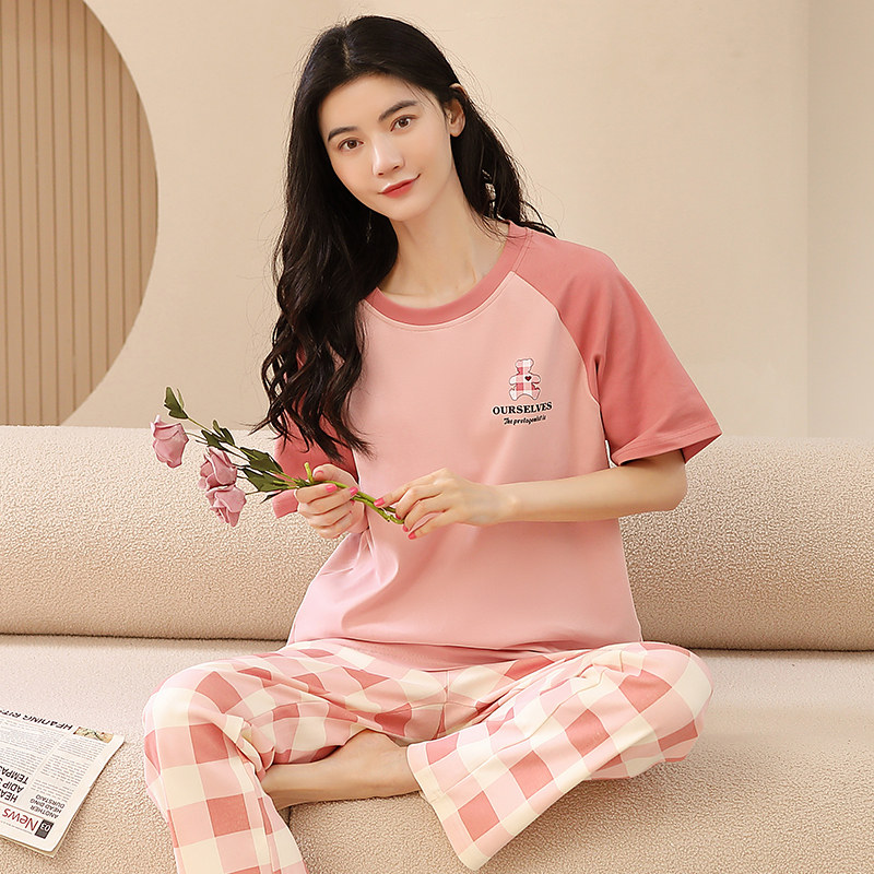 纯棉格子睡衣女款短袖长裤夏季薄款圆领中年妈妈家居服套装可外穿