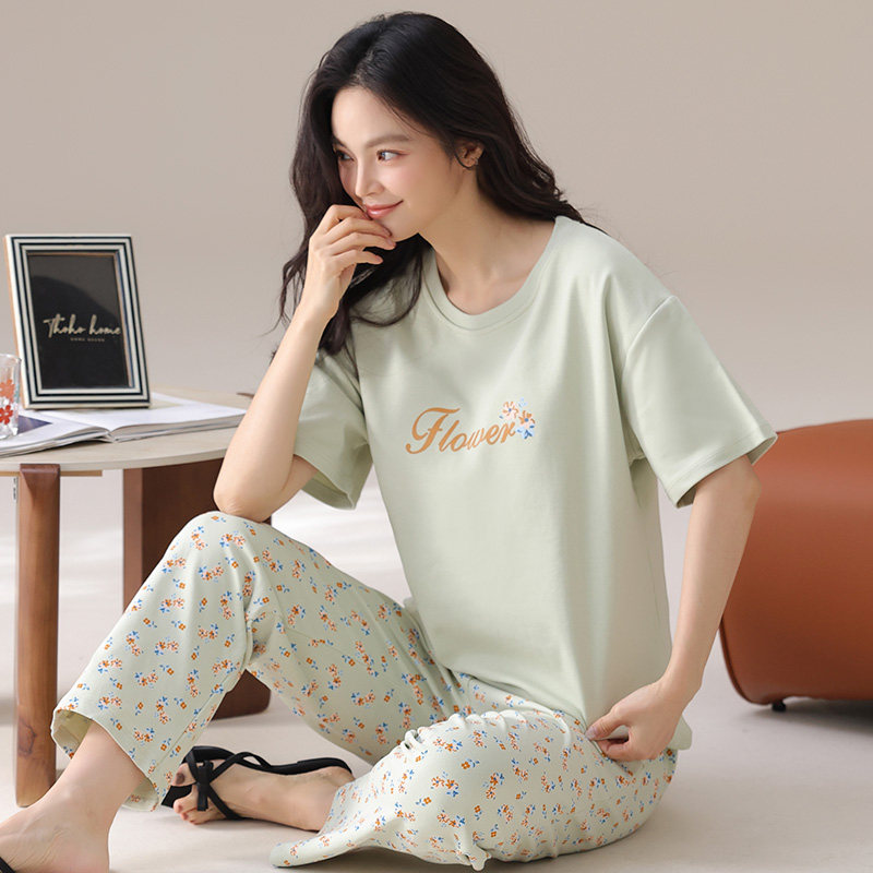 夏季睡衣女款纯棉短袖长裤圆领休闲家居服中年妈妈女士套装可外穿