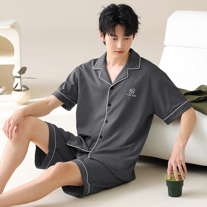 男士夏季纯棉短袖睡衣套装2026