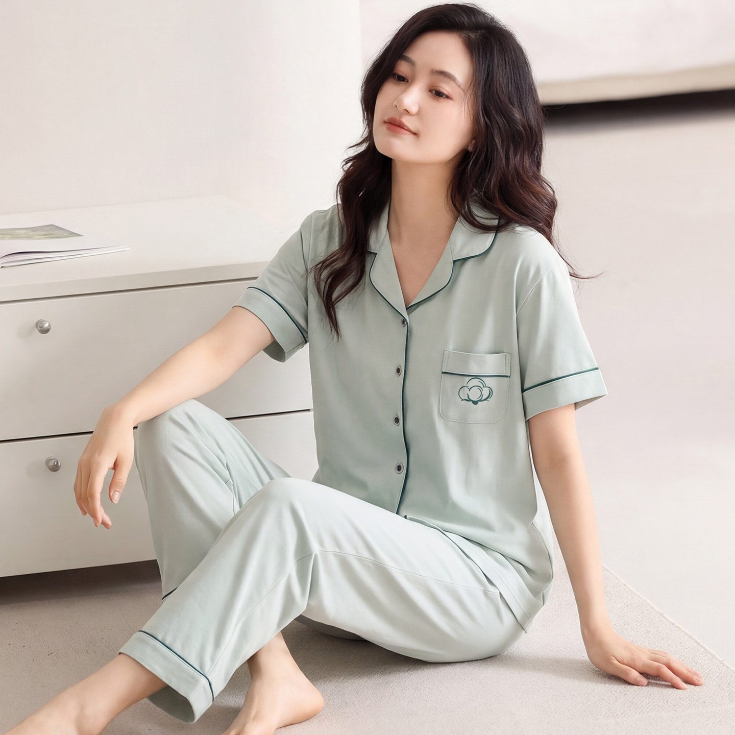 棉质睡衣女夏季薄款短袖长裤春秋款开衫可外穿纯色妈妈家居服套装