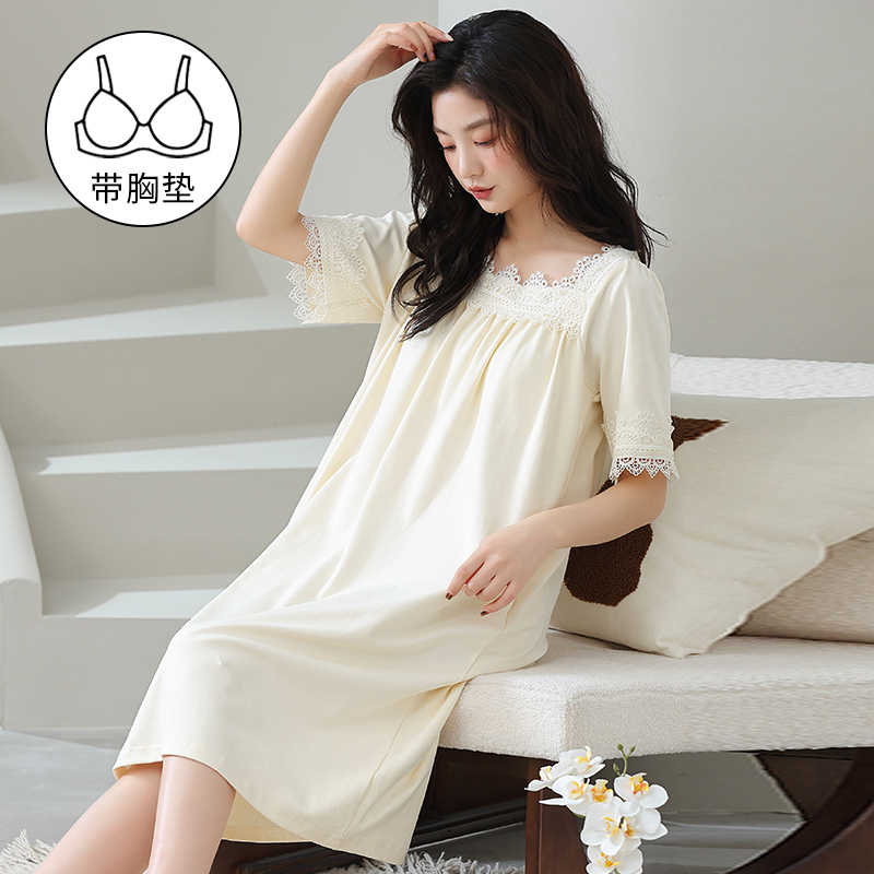 白色蕾丝睡裙女士短袖公主风连衣裙夏季纯棉睡衣裙子带胸垫家居服