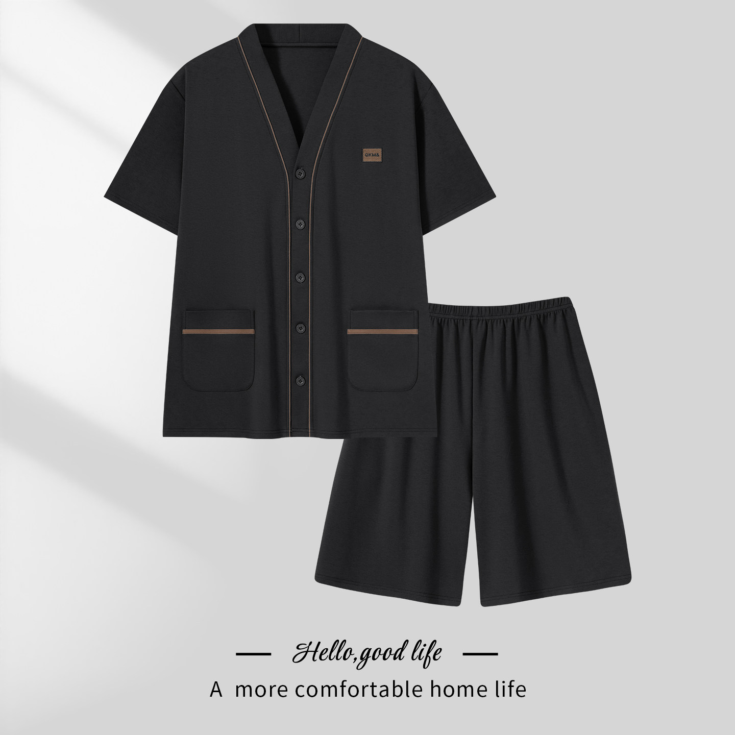 男士纯棉短袖睡衣夏季薄款短裤V领开衫宽松可外穿家居服休闲套装