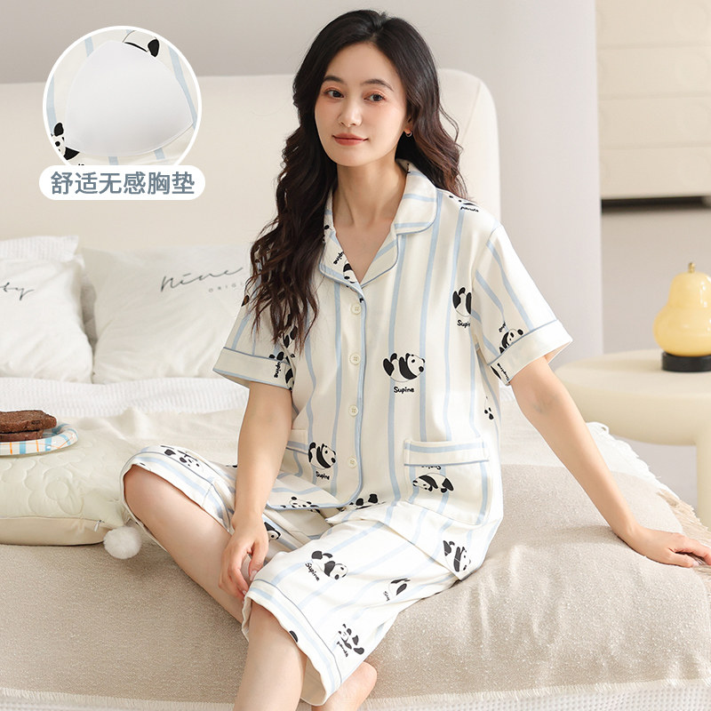 带胸垫妈妈睡衣女款纯棉大码短袖七分裤夏季薄款可外穿家居服套装