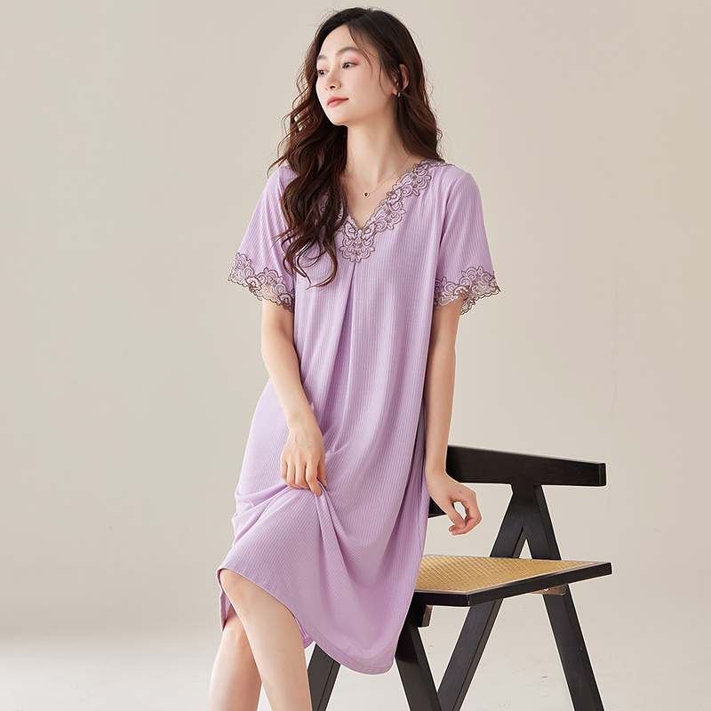 睡裙夏季女款薄款凉感莫代尔短袖中裙连衣裙子妈妈夏天长款家居服