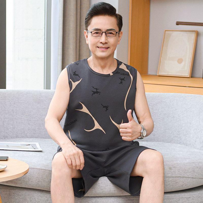 爸爸无袖睡衣男夏季新薄款背心五分裤老年人纯棉大码可外穿家居服