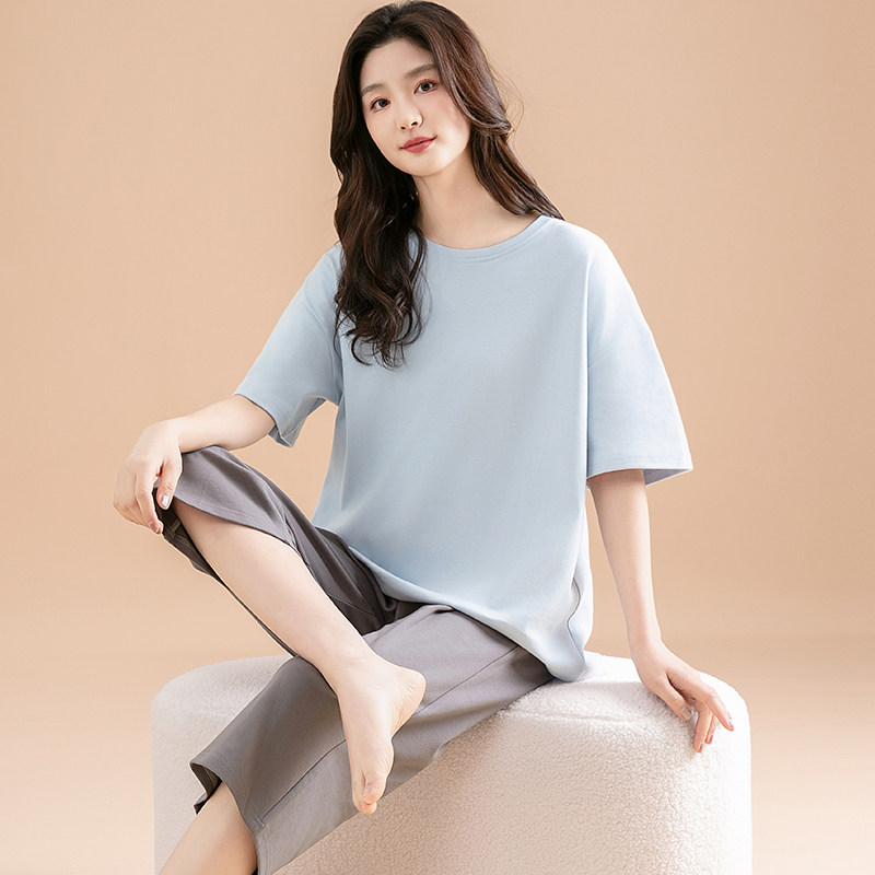 睡衣女夏季蓝色全棉短袖七分裤时尚简约薄款宽松纯色可外穿家居服