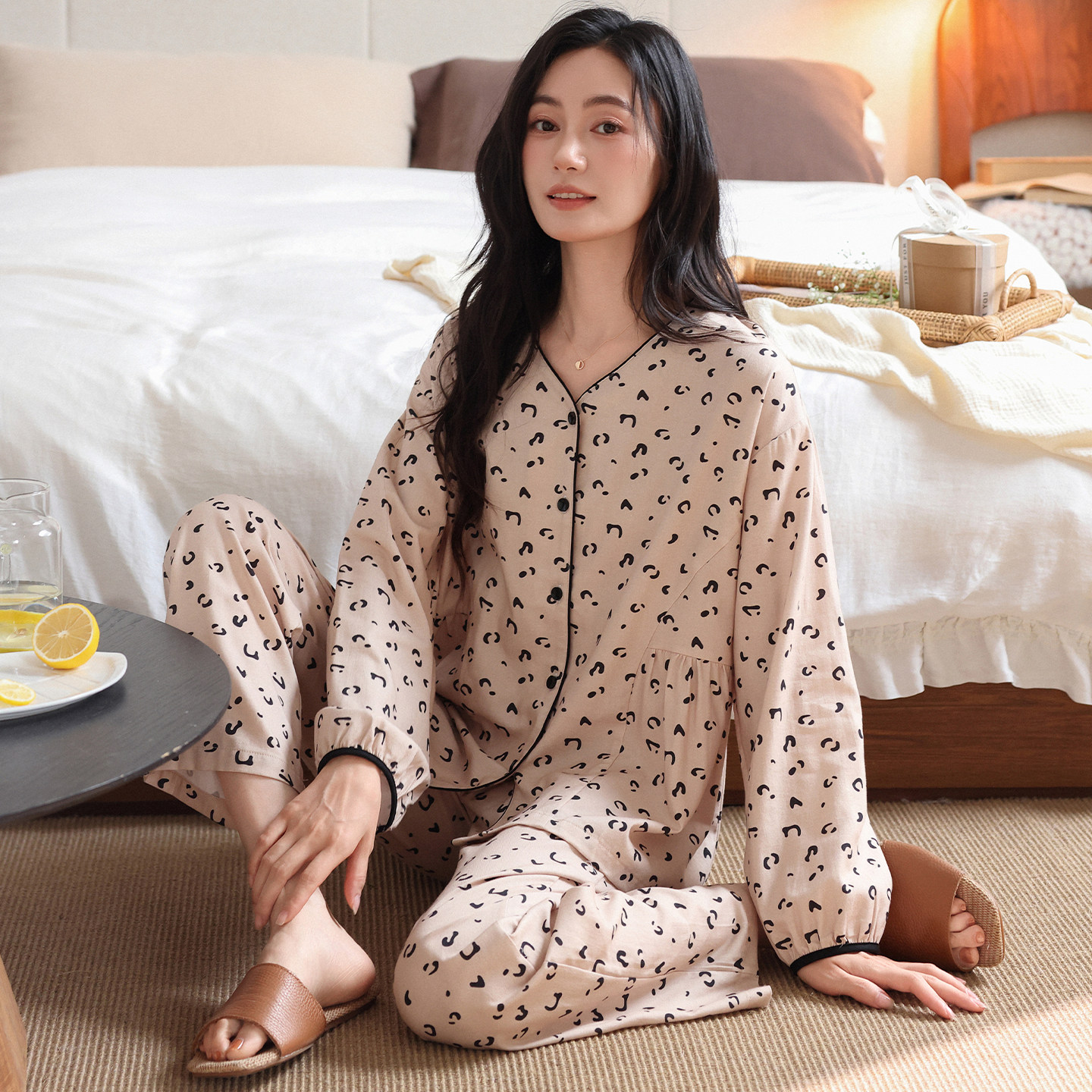 秋季女士纯棉开衫长袖长裤睡衣