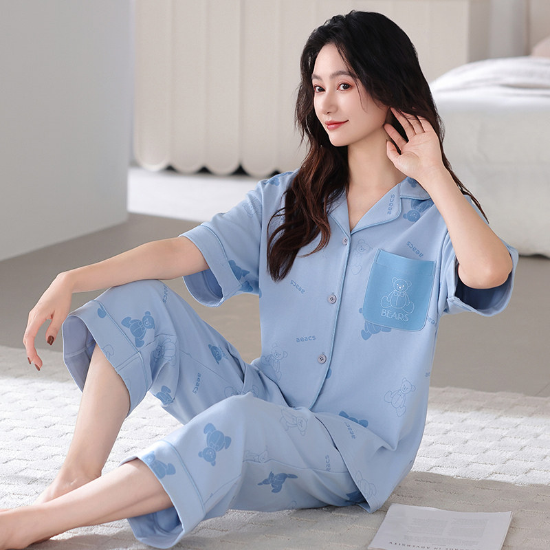 纯棉开衫睡衣女款大码短袖七分裤夏季新款中老年妈妈高级感家居服