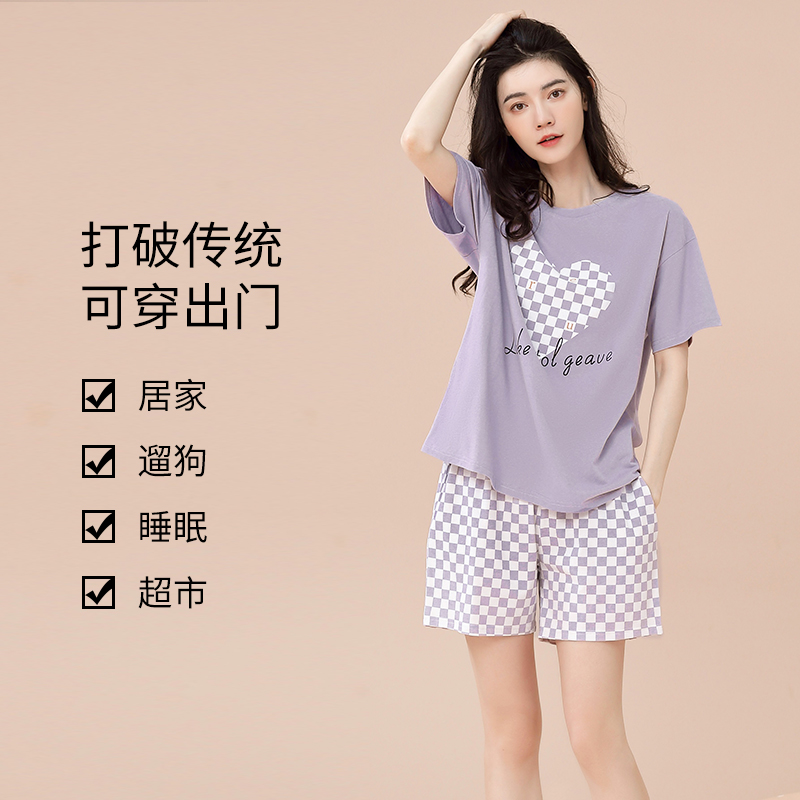 纯棉睡衣女款夏季短袖短裤薄款休闲宽松全棉夏天可外穿家居服套装