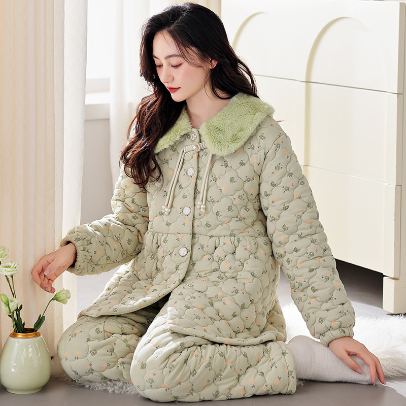 纯棉睡衣女款冬季三层加厚针织夹棉袄可外穿冬款珊瑚绒家居服套装