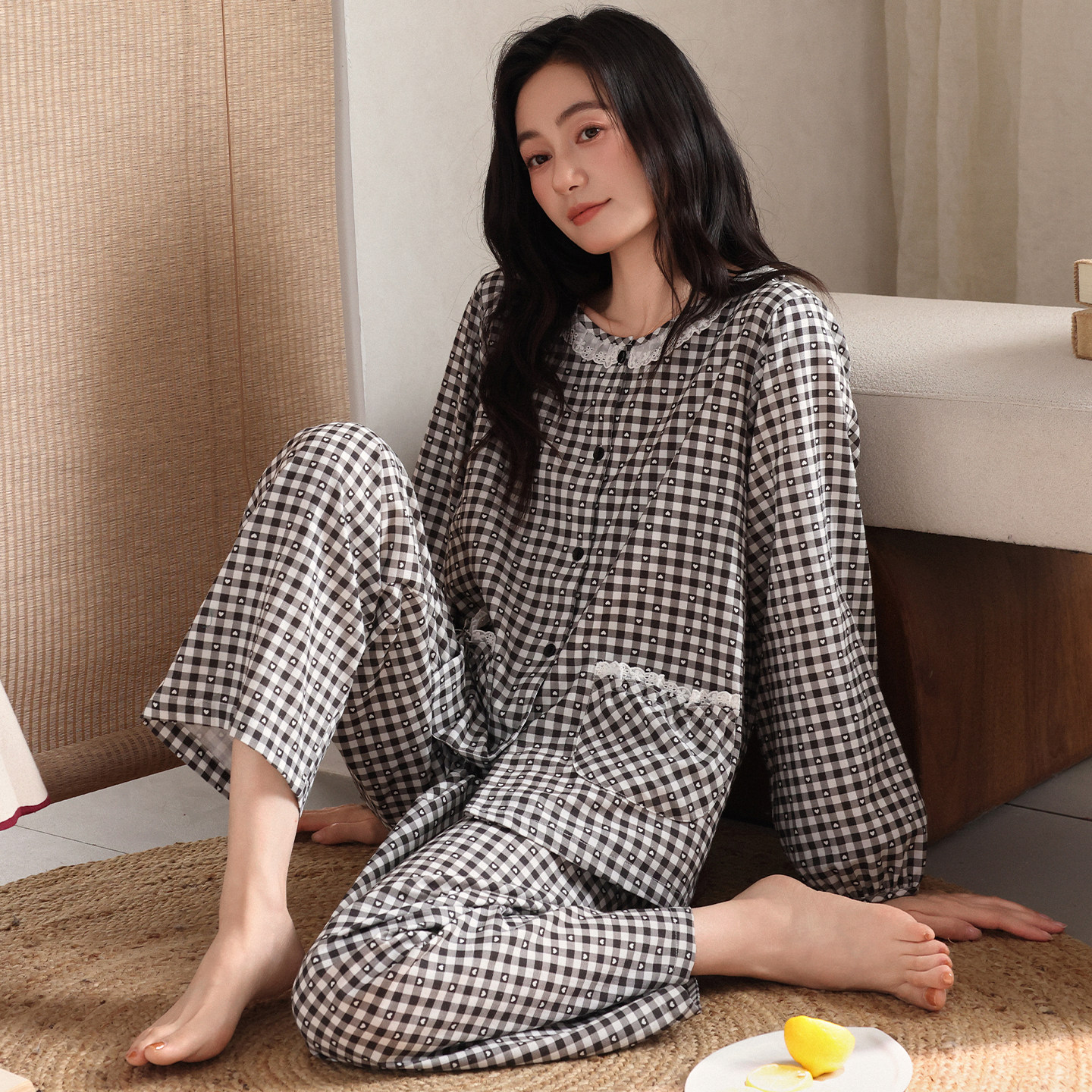 中年妈妈纯棉格子长袖睡衣套装