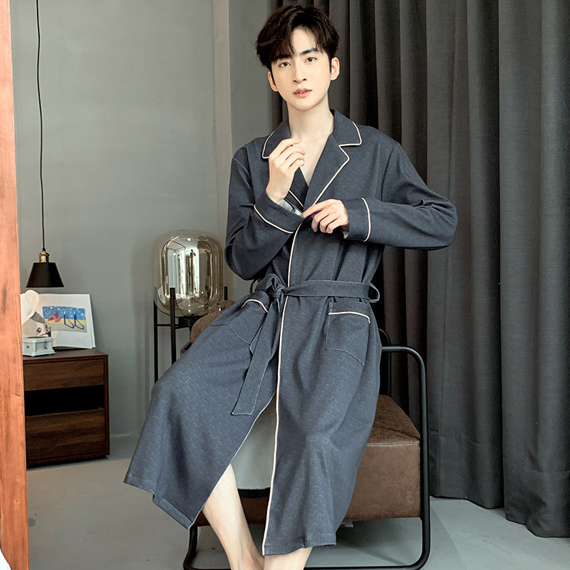 佳韵腾2025新款春秋季男士睡袍纯棉长袖系带浴袍加大码宽松中长款