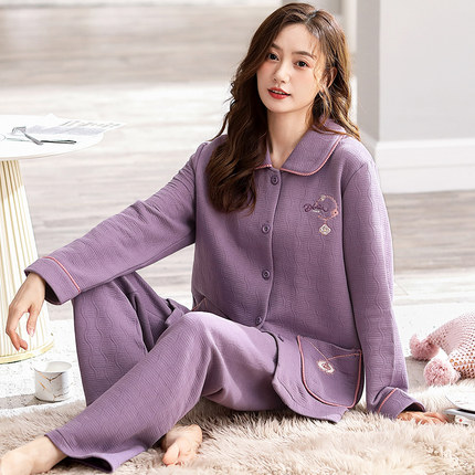 女士睡衣秋冬款加厚纯棉长袖妈妈冬季全棉薄夹棉空气棉家居服套装