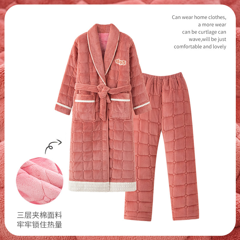 中青年妈妈女士睡袍睡裤套装睡衣家居服女三层夹棉珊瑚绒开衫冬季