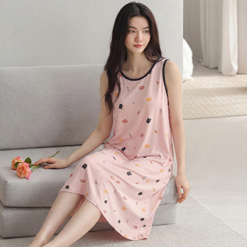夏季带胸垫纯棉睡裙无袖背心长裙薄款大码防凸点卡通睡衣女家居服