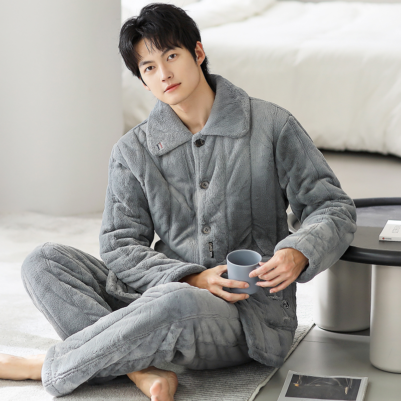 冬季冬款三层加厚珊瑚绒家居服男