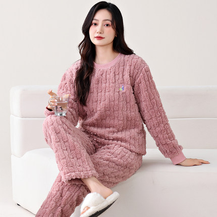 睡衣女款秋冬季珊瑚绒加厚加绒保暖法兰绒大码女士冬天家居服套装