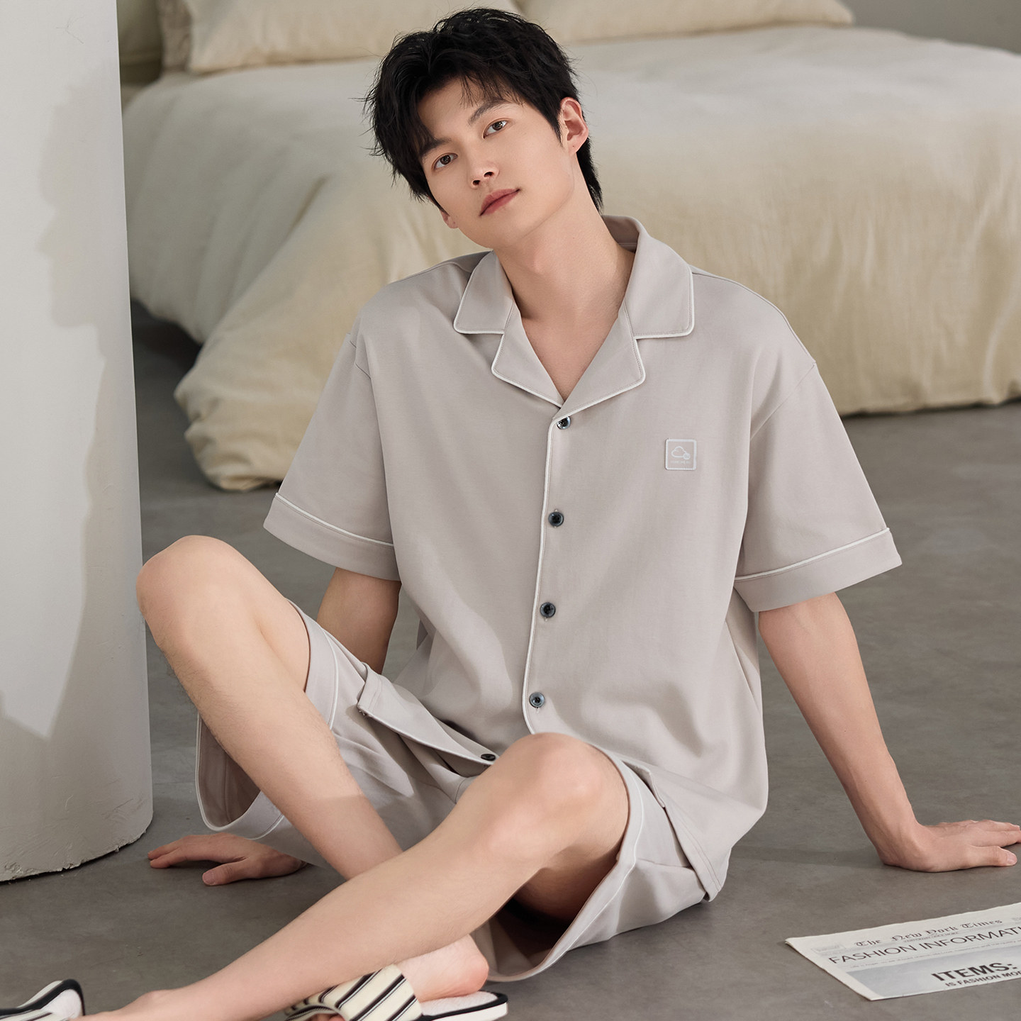 纯棉睡衣男士夏季短袖短裤翻领开衫套装宽松大码休闲家居服可外穿
