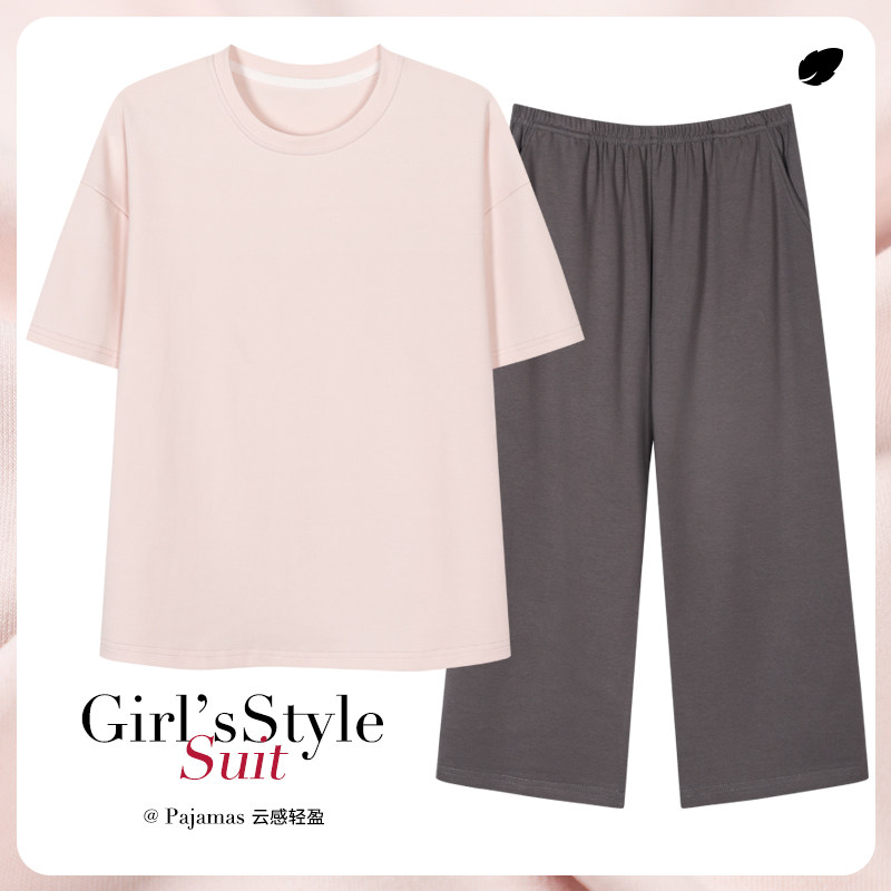 纯棉夏季短袖宽松女睡衣套装