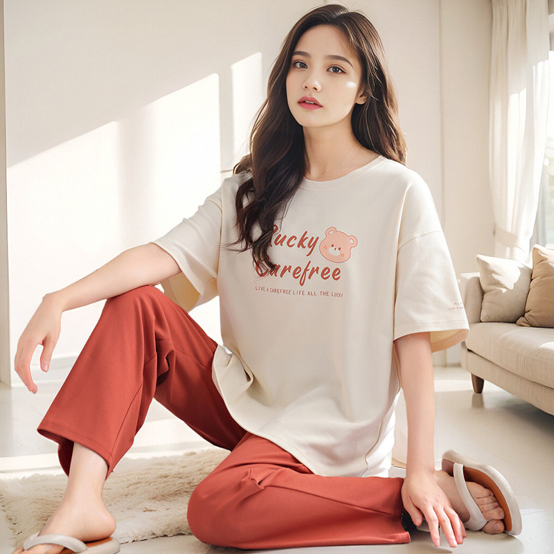 睡衣女款2026新款夏季纯棉休闲圆领短袖长裤夏天可外穿家居服套装