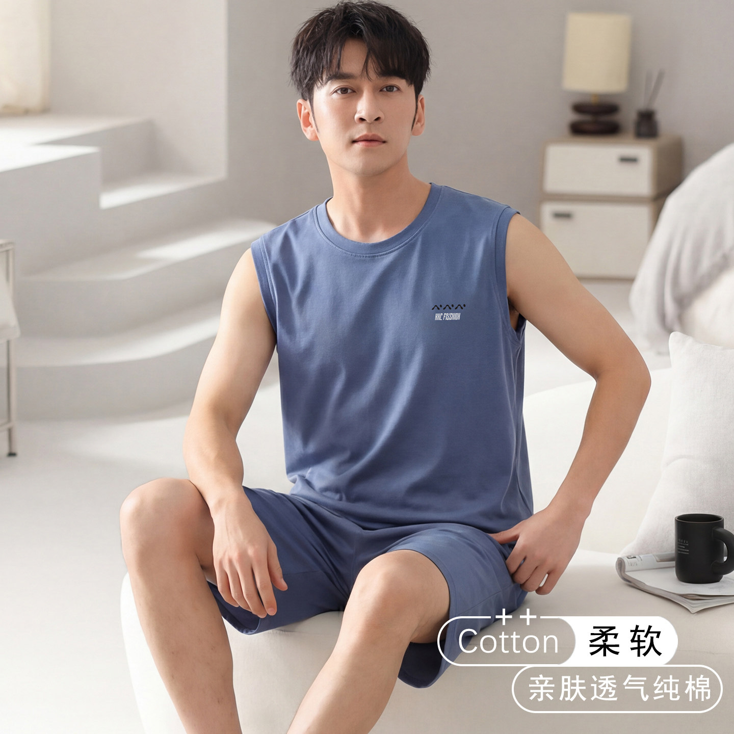 男士纯棉睡衣夏季薄款无袖背心短裤套装大码凉感可外穿爸爸家居服