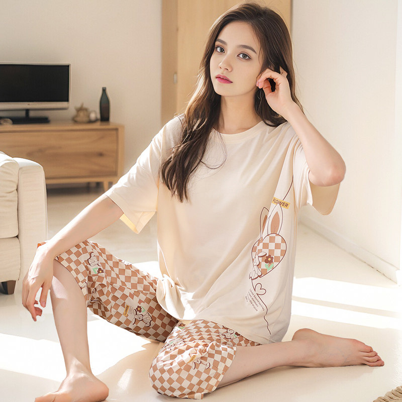 睡衣女款夏季纯棉简约圆领套头短袖七分裤夏天薄款甜美家居服套装